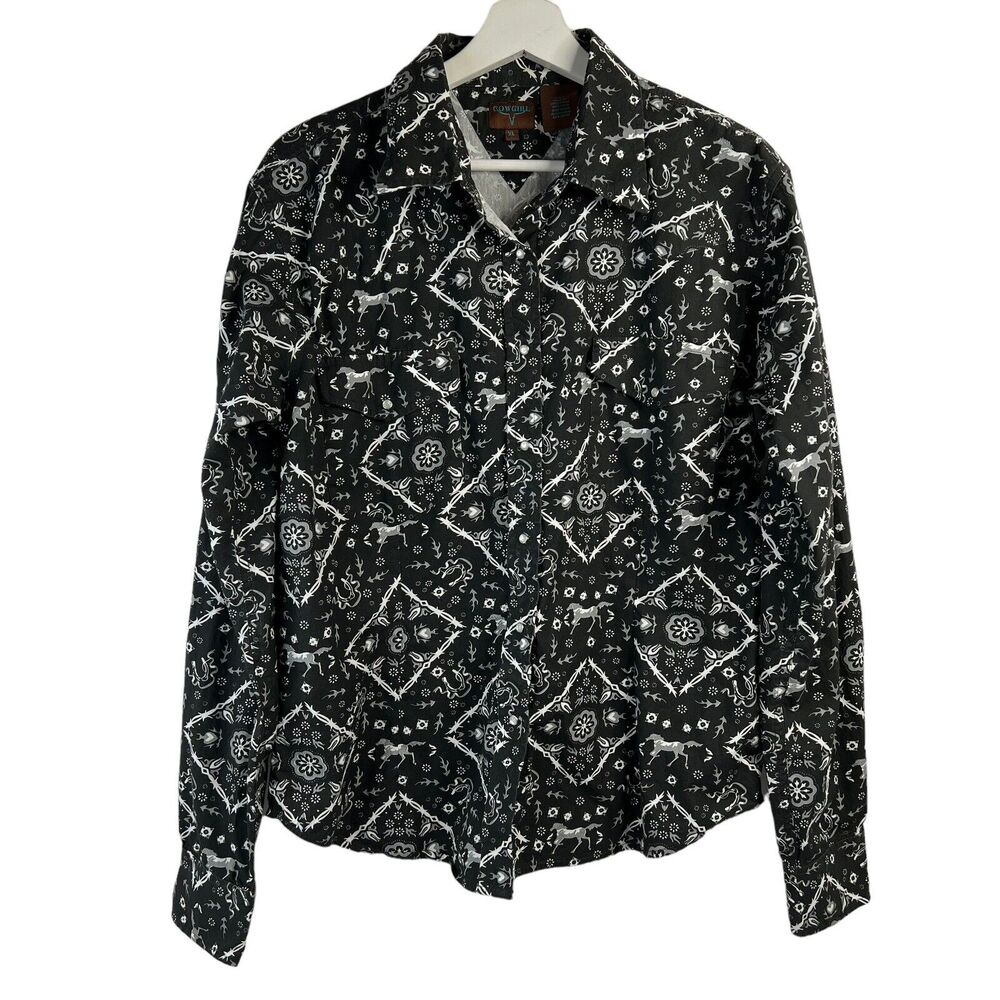 Cowgirl Hardware Size XL Pearl Snap Western Shirt Horse Barbed Wire‎ Print Black